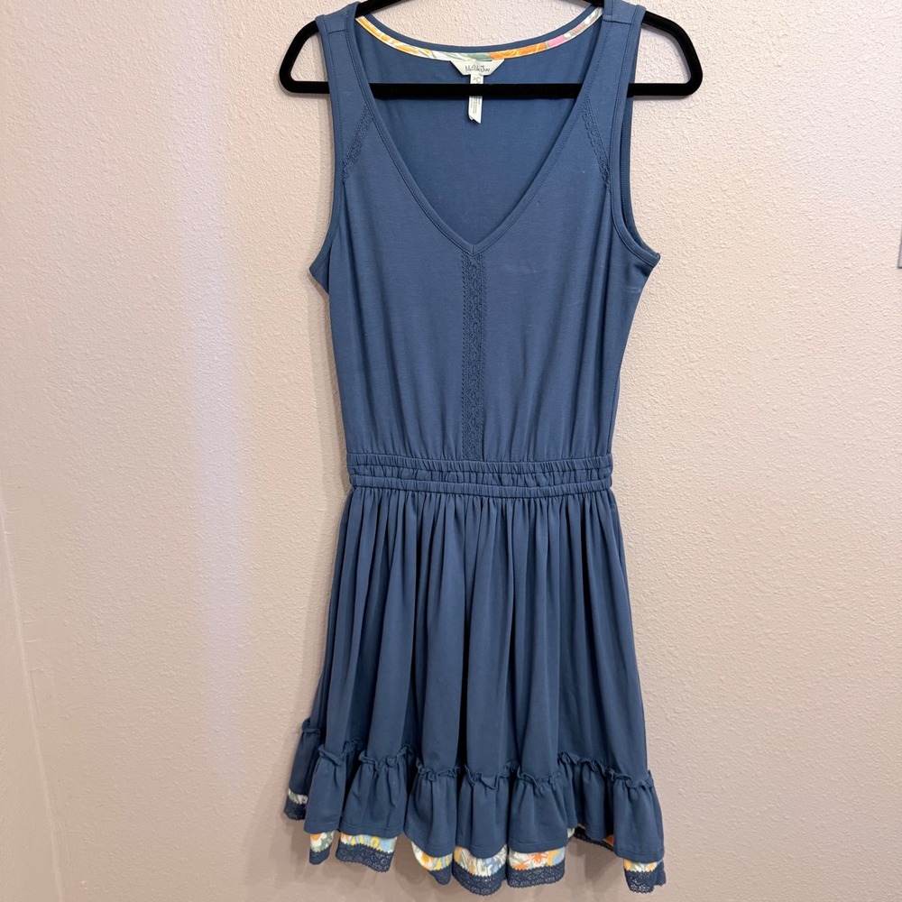 Matilda Jane Blue Sleeveless V-Neck Ruffle Hem‎ Floral Trim Dress Small